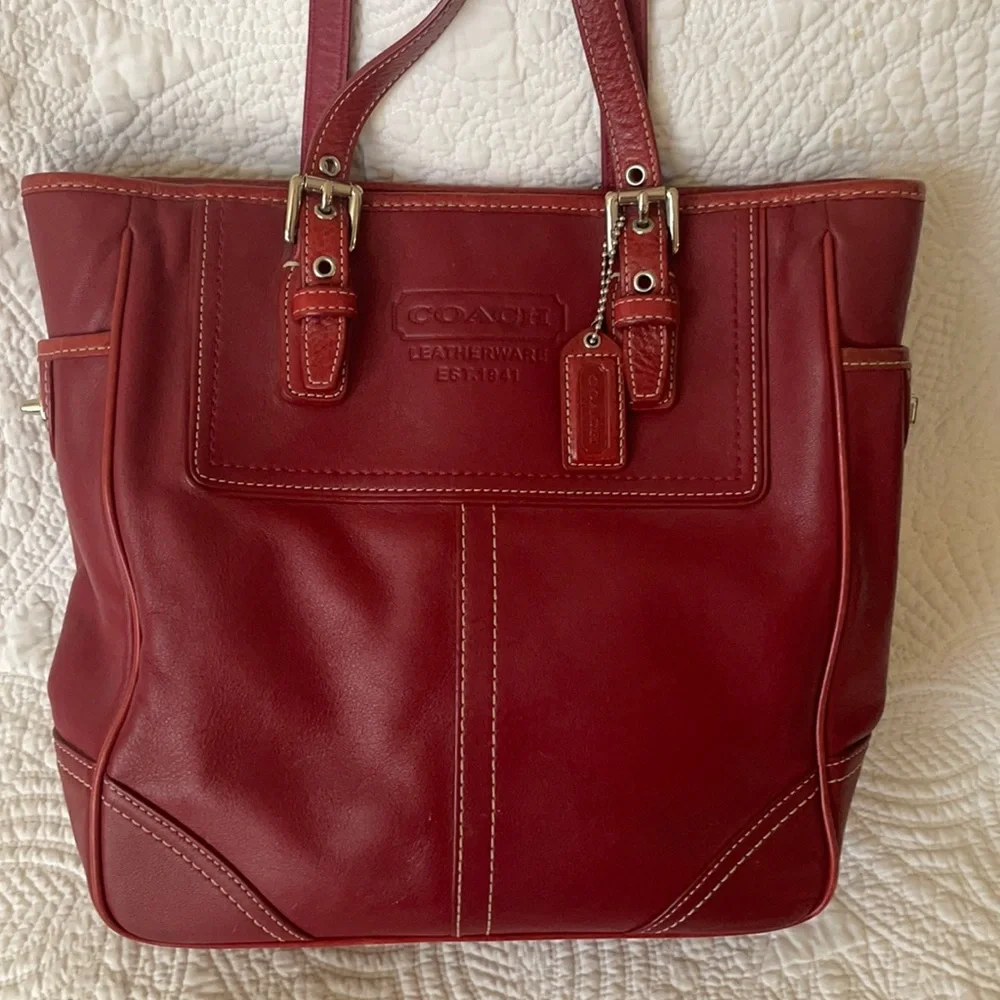 Coach Burgundy Bucket Shoulder Purse Pocketbook Bag Double Handle - Picture 2 of 15